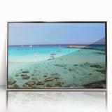 Large art print of a European Cyprus landscape in muted earth tones, framed in silver acrylic.
