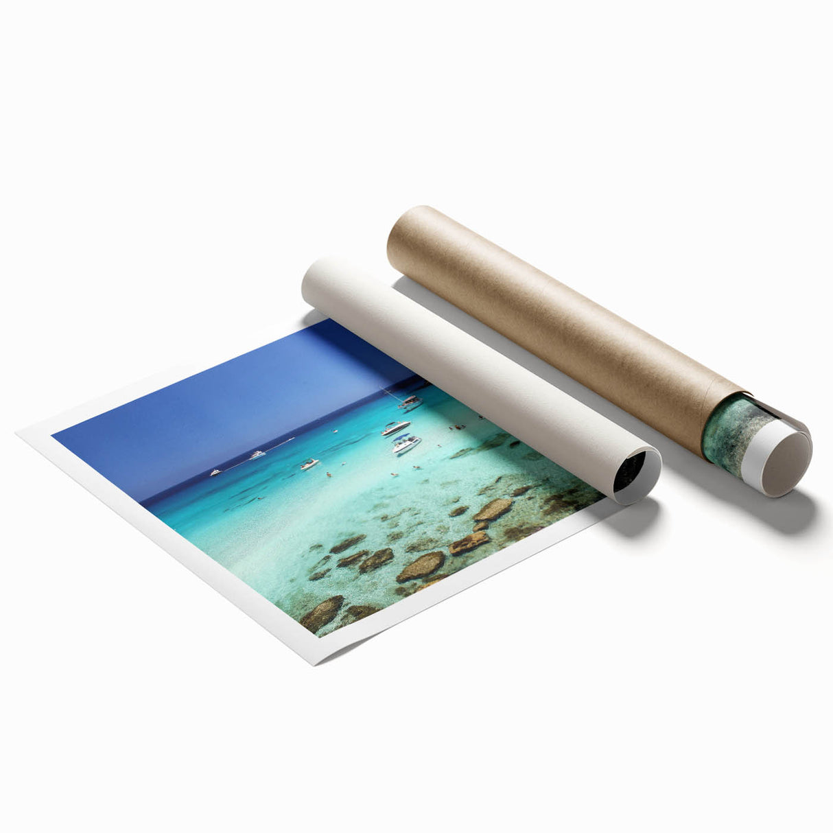Extra large rolled print of a Cyprus landscape with vibrant greens and blues, ideal for classy bathroom wall art.