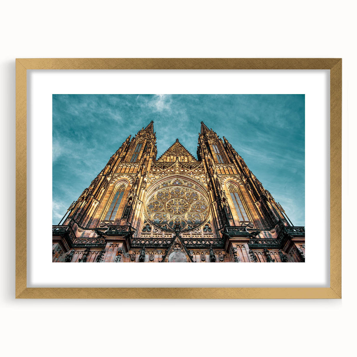 Abstract art print of Prague skyline in muted gray and gold tones on a framed canvas, suitable for dining room decor.