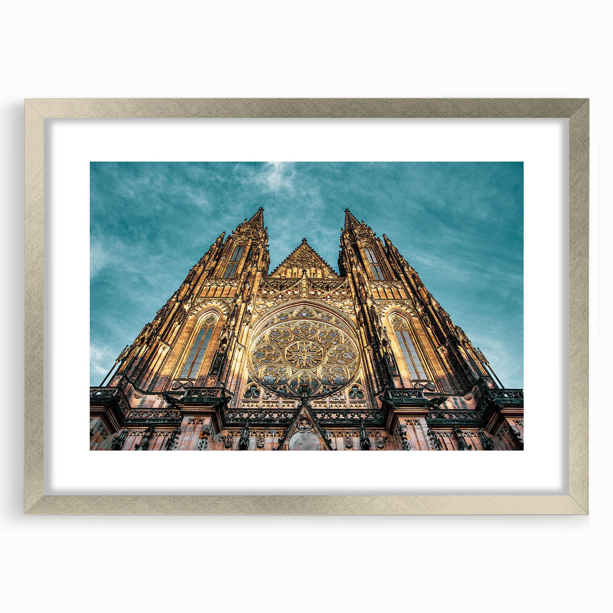 Extra large abstract art print of Prague scenery in textured tones of blue and gray, framed in silver.