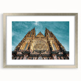 Extra large abstract art print of Prague scenery in textured tones of blue and gray, framed in silver.