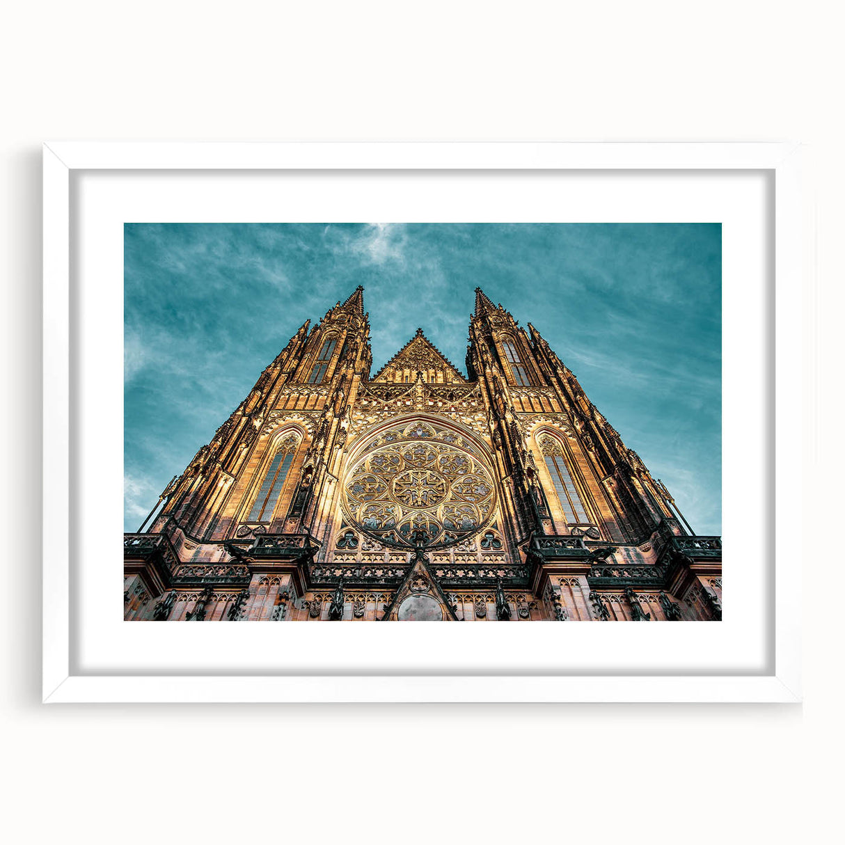 Textured art print of an abstract Prague cityscape in earthy tones on a white framed mat, ideal for bedroom art.