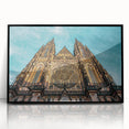 Large abstract wall art depicting Prague's cityscape in muted gray and blue tones on a framed acrylic.