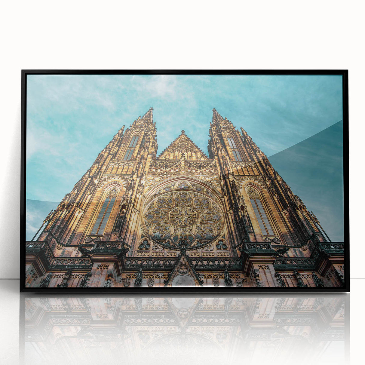 Large abstract wall art depicting Prague's cityscape in muted gray and blue tones on a framed acrylic.
