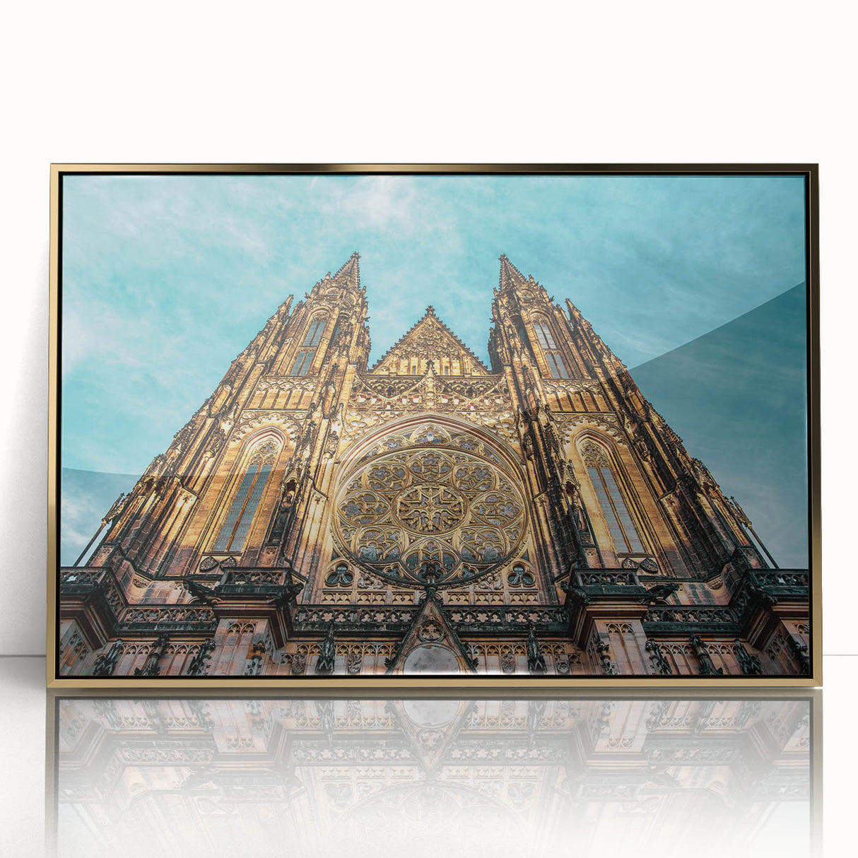 Art deco poster of Prague skyline in gold and black tones on acrylic, ideal for modern art wall decor.