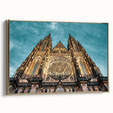 Framed canvas featuring a vintage poster art of Prague landscape in black, ideal for bedroom wall decor.
