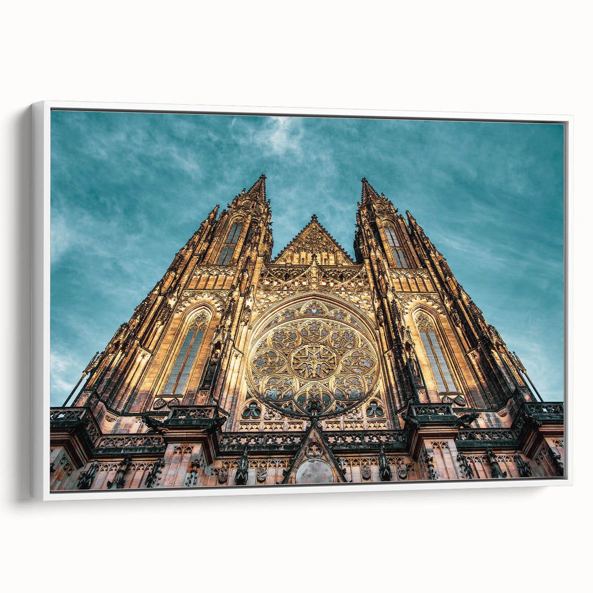 Vintage poster art of Prague with colorful imagery on extra large framed canvas, ideal for living room decor.