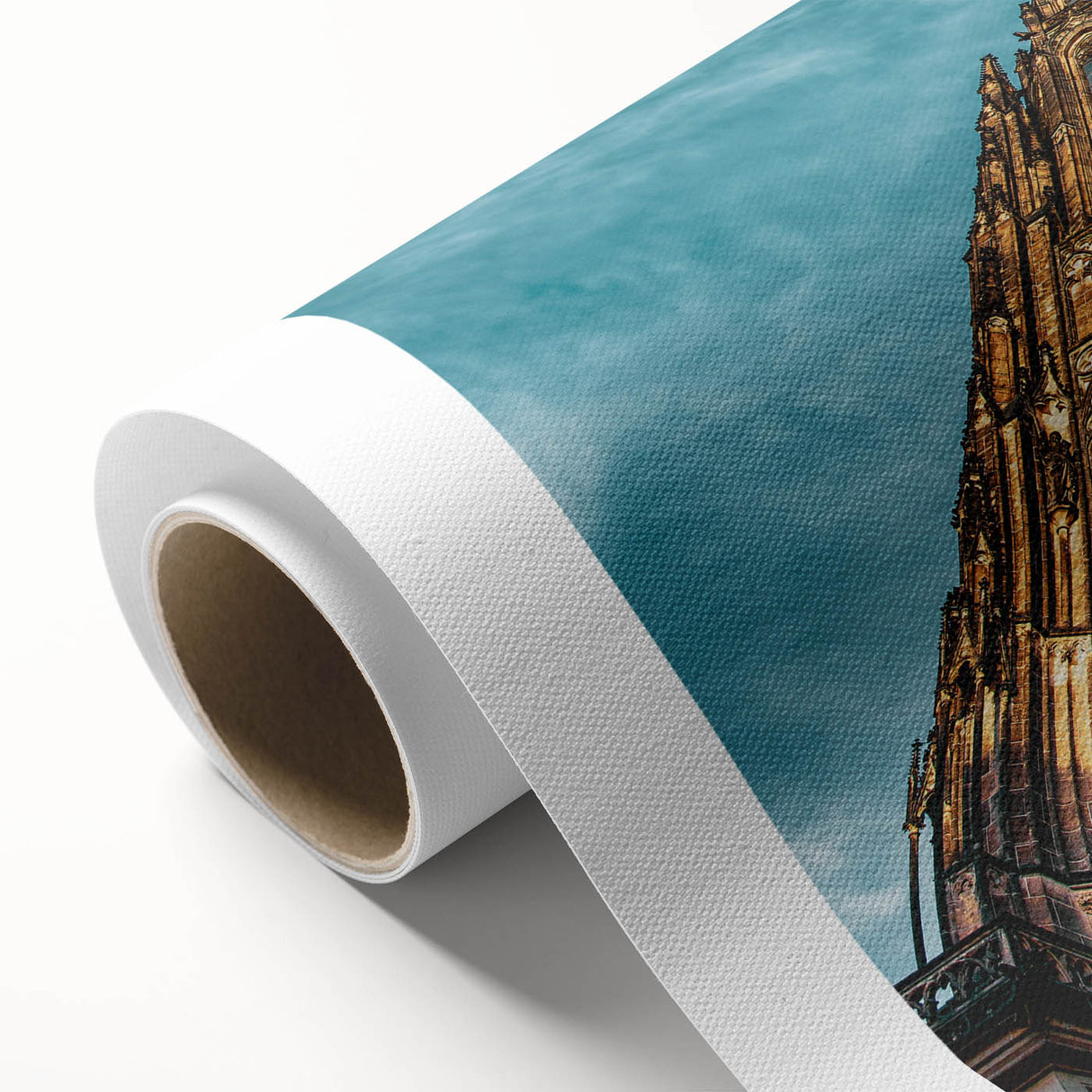 Art Deco poster of Prague scenery on rolled canvas, with pastel hues, ideal for nursery wall art or dining room.