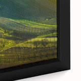 Extra large framed canvas of a textured, colorful European cityscape, predominantly in black, ideal for living room decor.