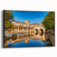 Black and white vintage poster art of Bath, England landscape on framed canvas, ideal for bedroom decor.