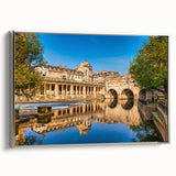 Framed canvas of a vintage-style landscape painting depicting Bath, England, in vibrant colorful hues.