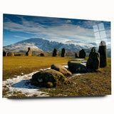 Large abstract wall art of Cumbria landscape in muted earth tones on acrylic glass, ideal for bedroom or dining room decor.