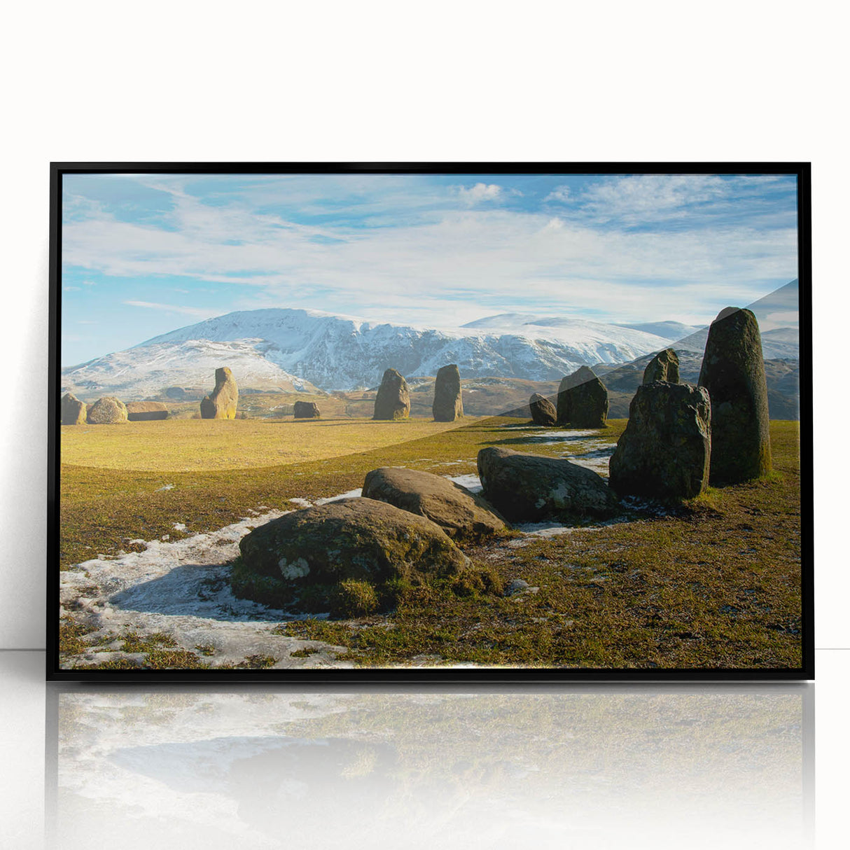 Large abstract wall art depicting a serene Cumbrian landscape in muted earth tones on a framed acrylic.