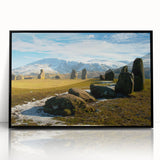 Large abstract wall art depicting a serene Cumbrian landscape in muted earth tones on a framed acrylic.
