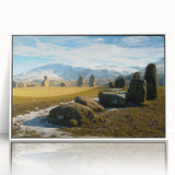 Mid-century modernist art depicting the scenic Cumbria landscape in muted greens and blues on a white framed acrylic.