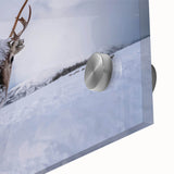 Large abstract wall art featuring a stylized Finnish landscape in muted blue and green tones on acrylic glass.