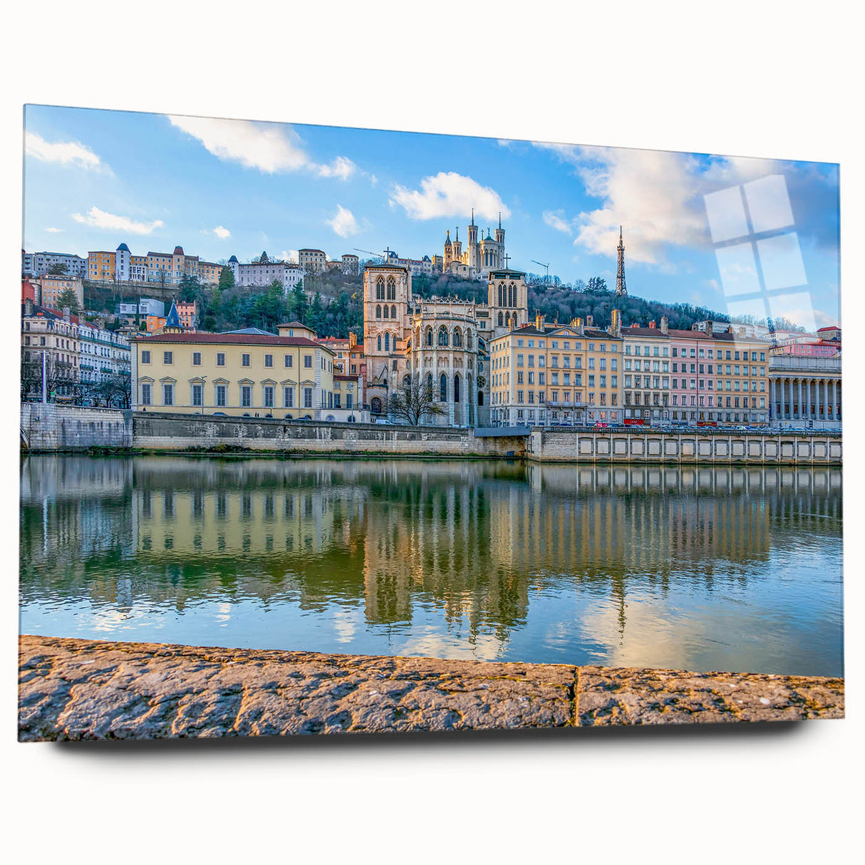 Large abstract wall art of Lyon scenery in muted earth tones on acrylic glass, ideal for bedroom or dining room decor.