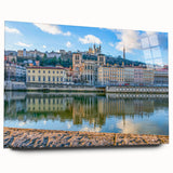 Large abstract wall art of Lyon scenery in muted earth tones on acrylic glass, ideal for bedroom or dining room decor.