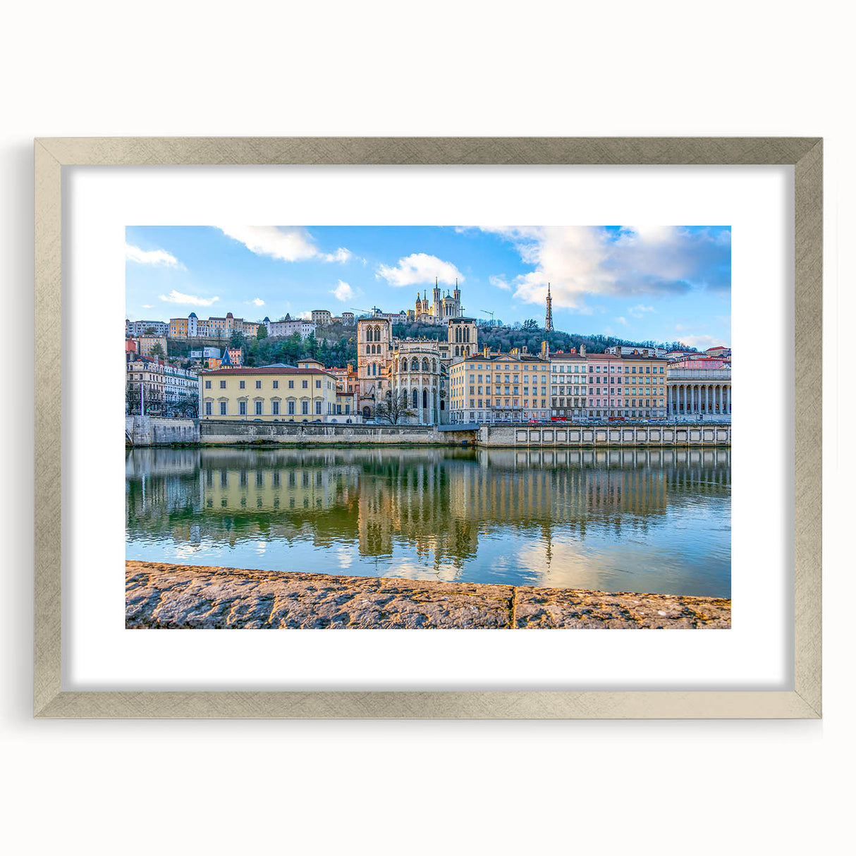 Extra large abstract art print of Lyon, France in textured silver frame, featuring muted earth tones.