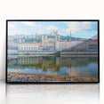 Large abstract wall art of Lyon, France in muted gray and blue tones, framed acrylic, ideal for modern living room decor.