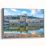 Landscape art painting of Lyon featuring colorful buildings and a river on a framed canvas, ideal for living room decor.