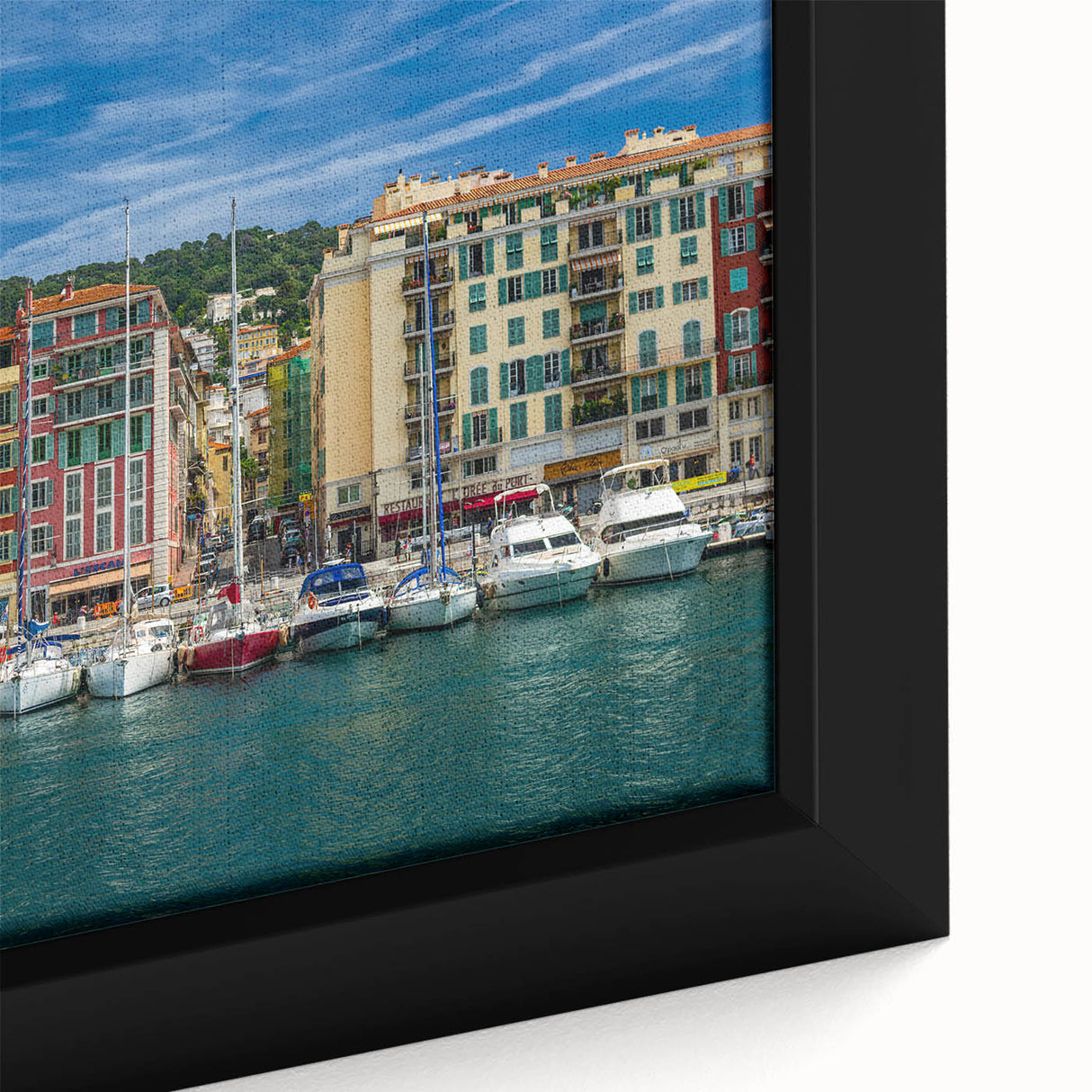 Extra large framed canvas featuring a textured depiction of Nice, France in black with colorful accents.