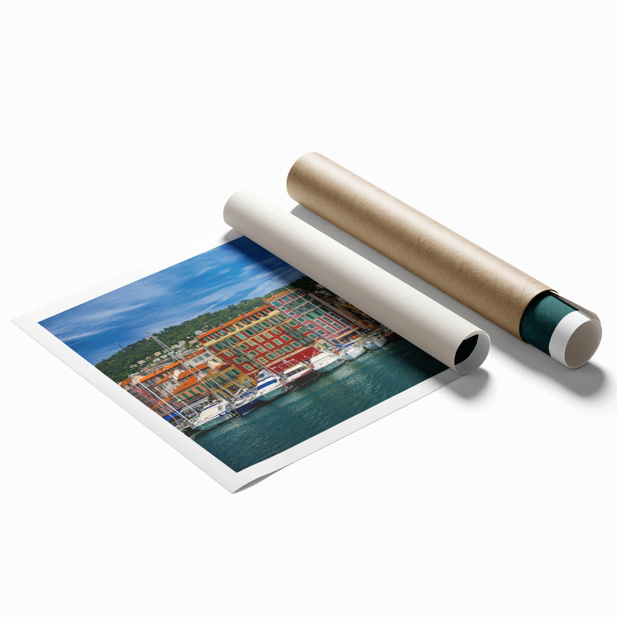 Rolled print of a Nice, France street scene with floral accents in soft pastel shades, suitable for classy bathroom wall art.