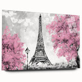 Acrylic print of a Parisian street scene in muted gray and blue tones, ideal for bedroom or dining room art.