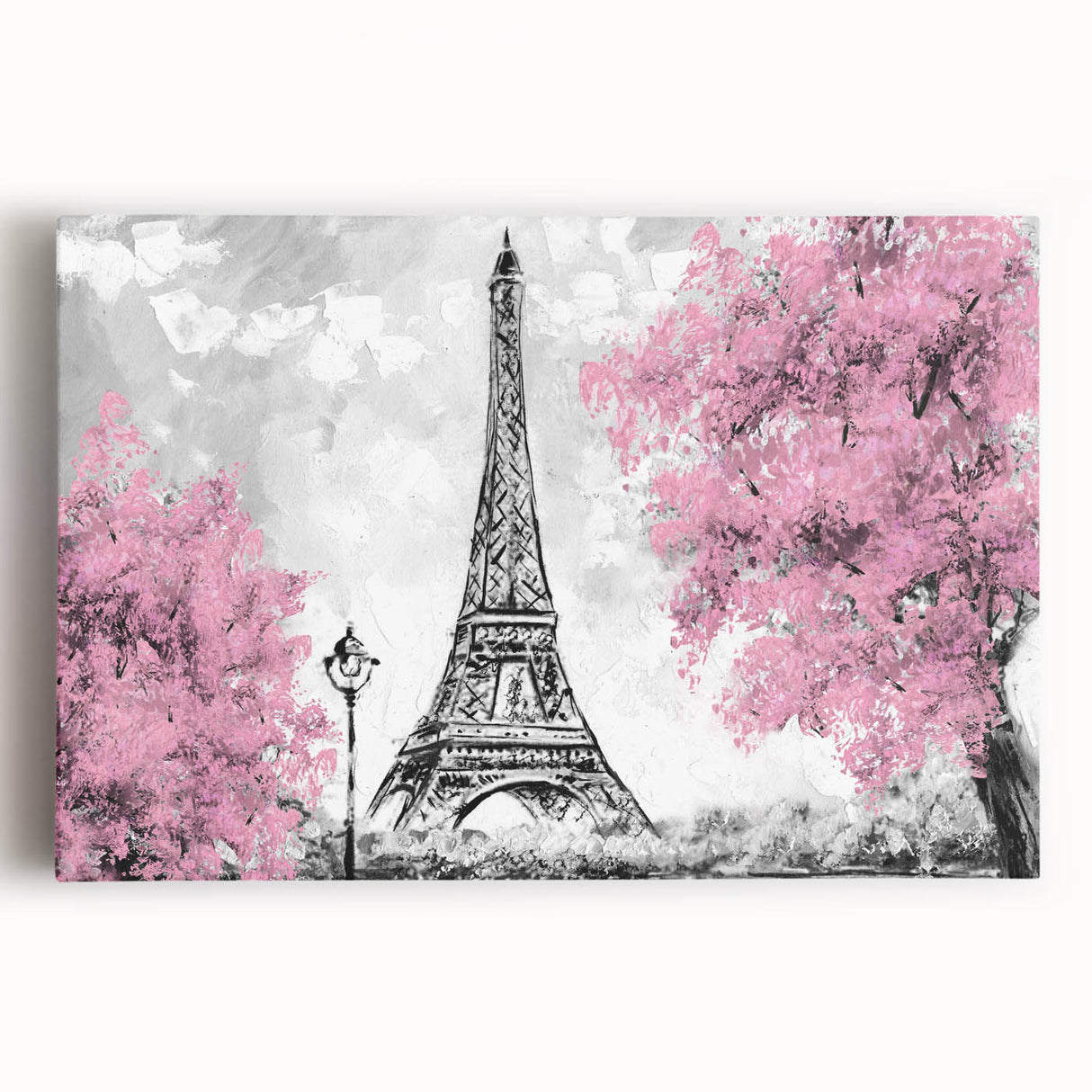 Black and white print of the Eiffel Tower on stretched canvas, ideal for kitchen wall art or bedroom decor.