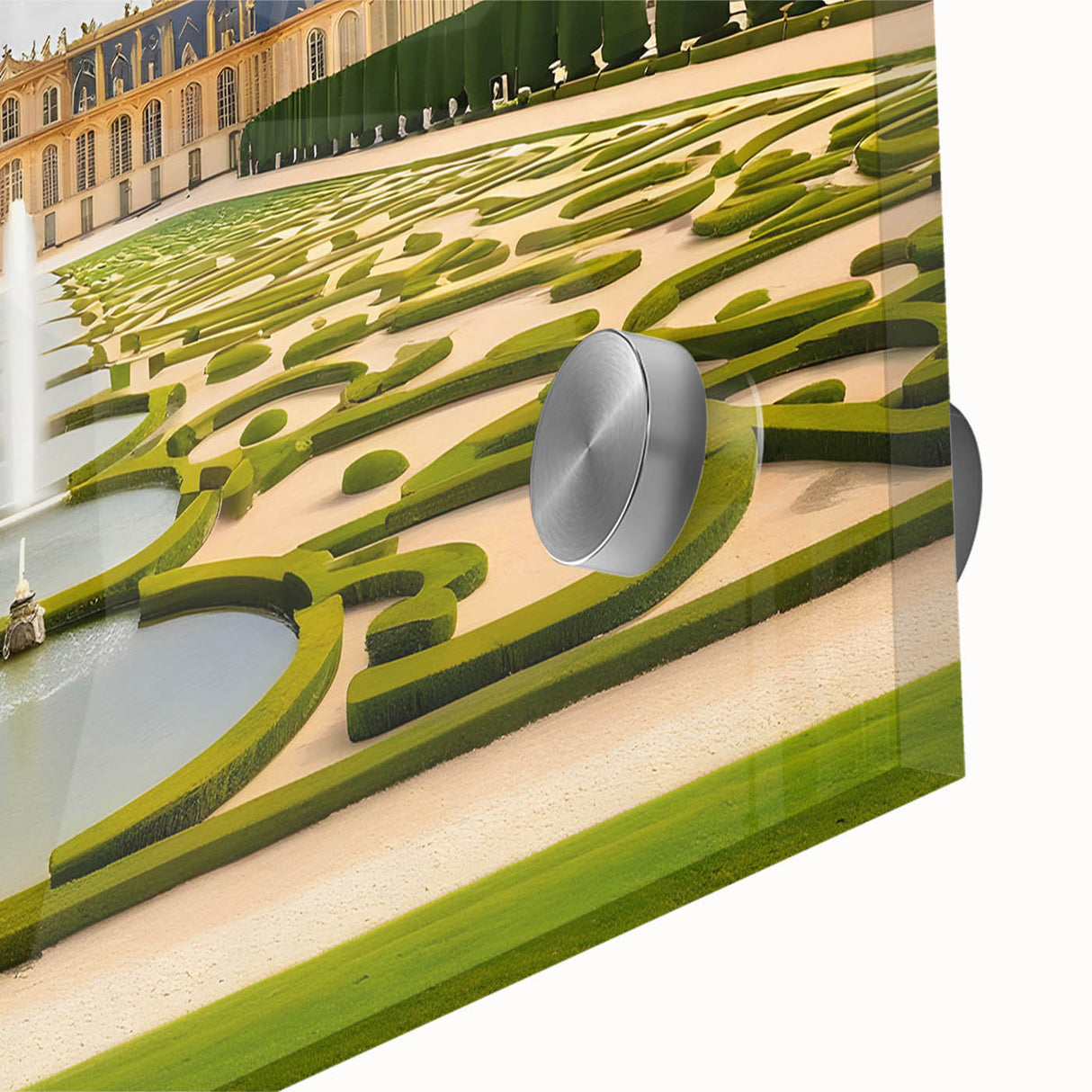 Large abstract wall art of Versailles scenery in muted gold and green tones on acrylic glass, suitable for dining room decor.