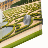 Large abstract wall art of Versailles scenery in muted gold and green tones on acrylic glass, suitable for dining room decor.