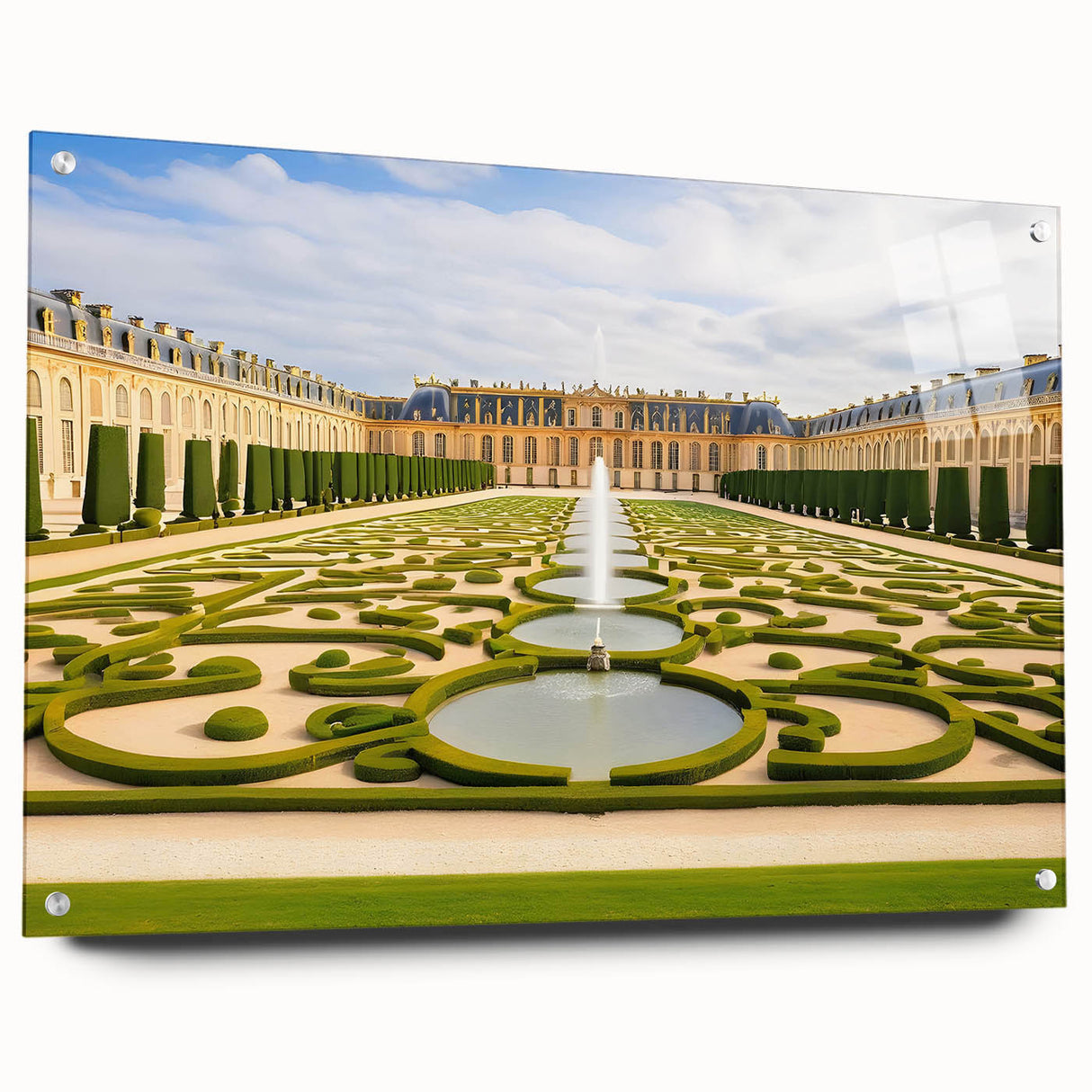 Acrylic print of Versailles scenery with soft pastel shades, ideal for dining room decor.