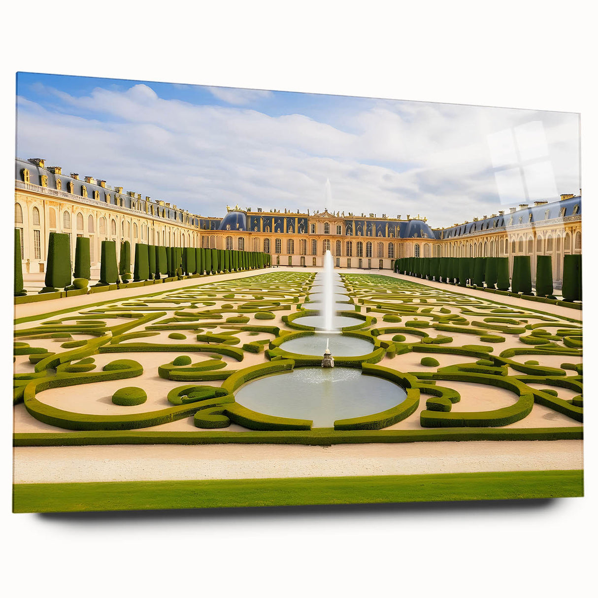 Acrylic print of the Versailles Palace in muted sepia tones, ideal for bedroom or dining room art.