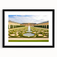 Abstract art print of Versailles with vibrant colorful textures, framed in black, ideal for large living room walls.