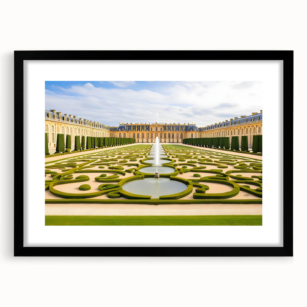 Abstract art print of Versailles with vibrant colorful textures, framed in black, ideal for large living room walls.