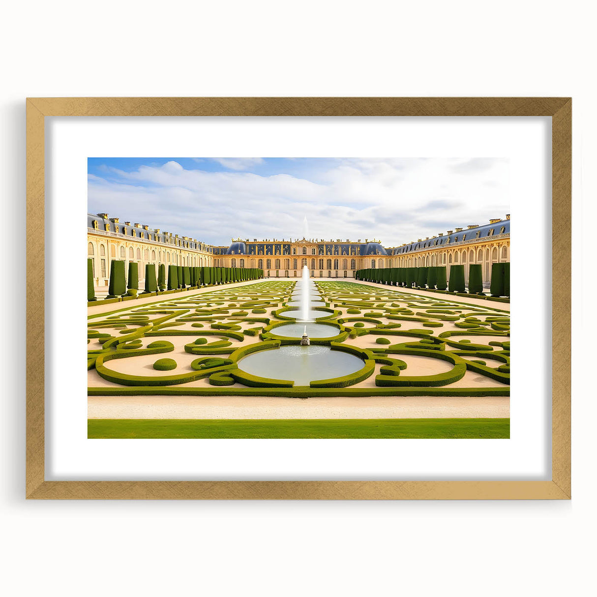 Abstract art print of Versailles scenery in gold frame with mat, featuring muted earth tones, ideal for dining room decor.