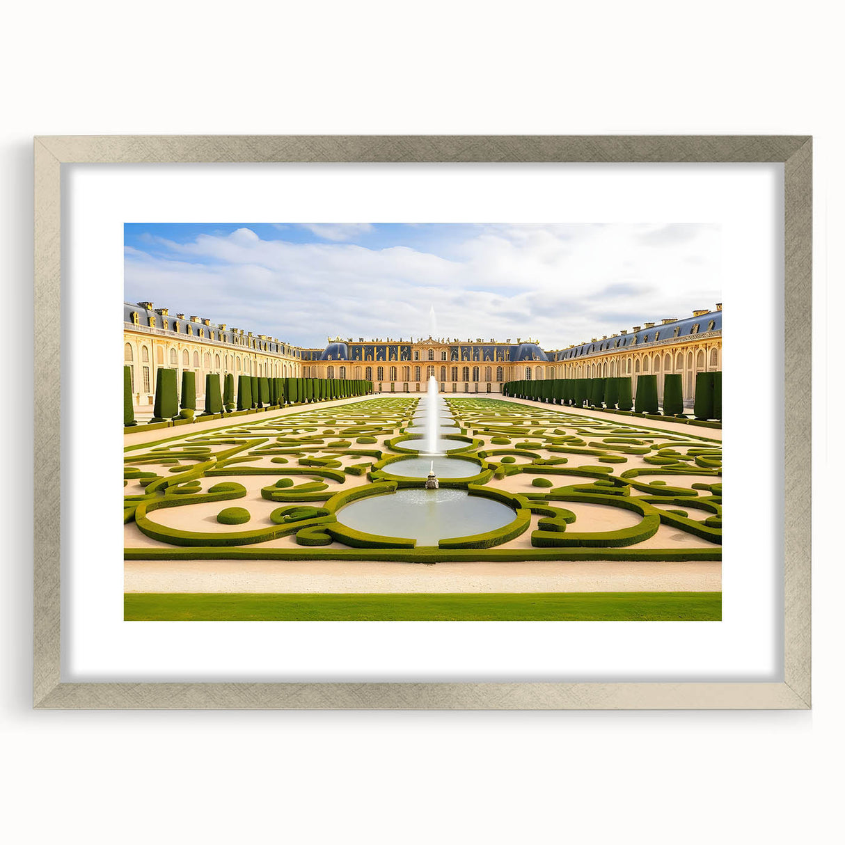Extra large wall art featuring an abstract representation of Versailles in textured gray and silver tones on a framed canvas.