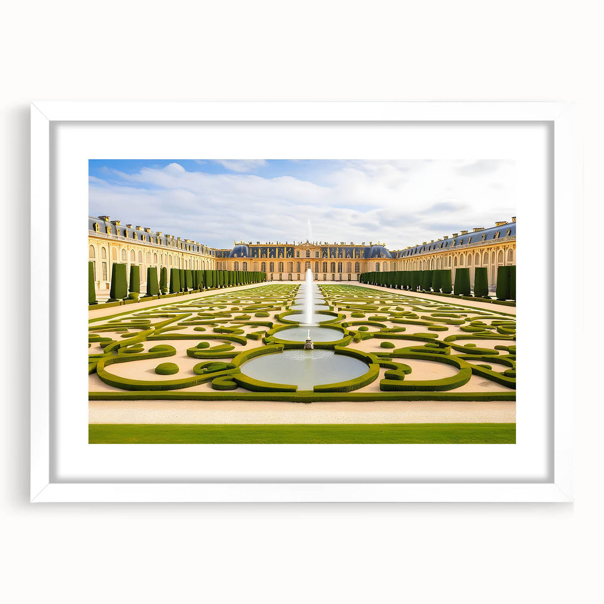 Textured art print of Versailles scenery in muted earth tones, framed with a white mat, suitable for bedroom decor.