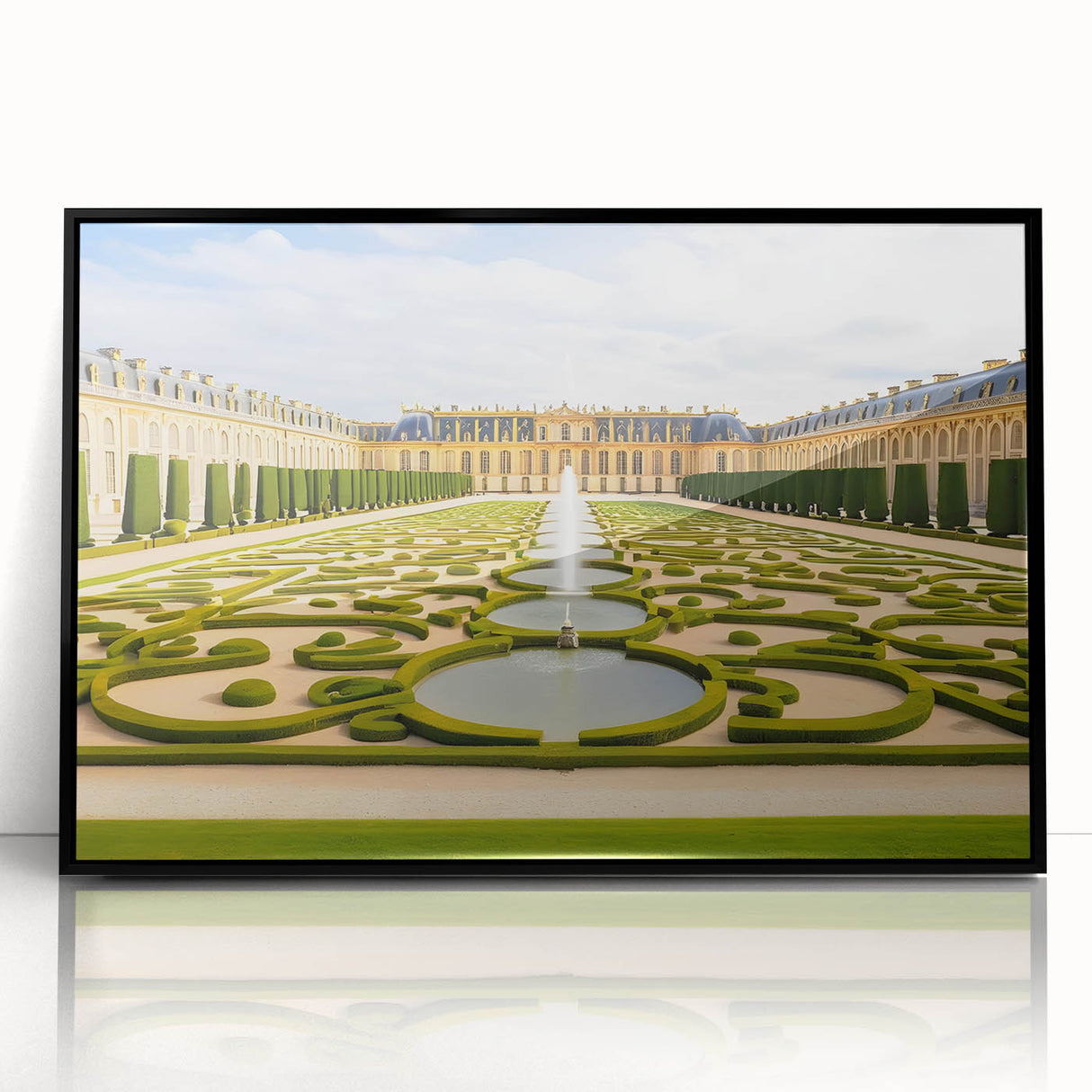 Large abstract wall art depicting the Versailles scenery in muted earth tones on a framed acrylic.
