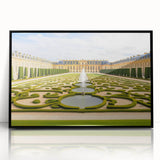 Large abstract wall art depicting the Versailles scenery in muted earth tones on a framed acrylic.