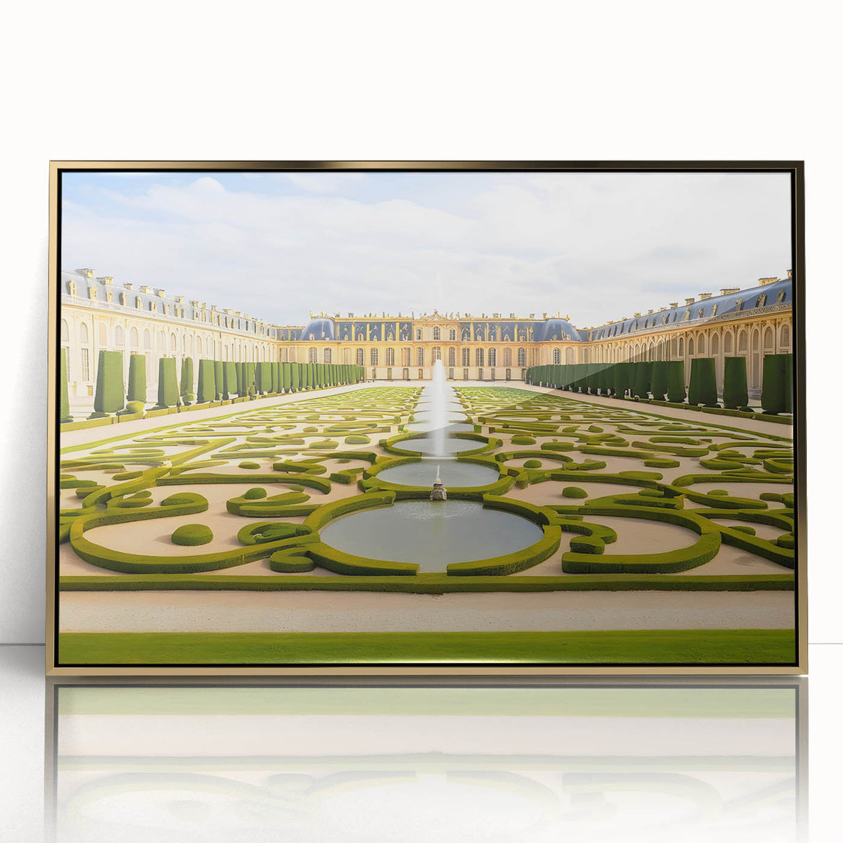 Acrylic print of Versailles scenery in art deco style, featuring muted gold tones, ideal for modern art wall decor.