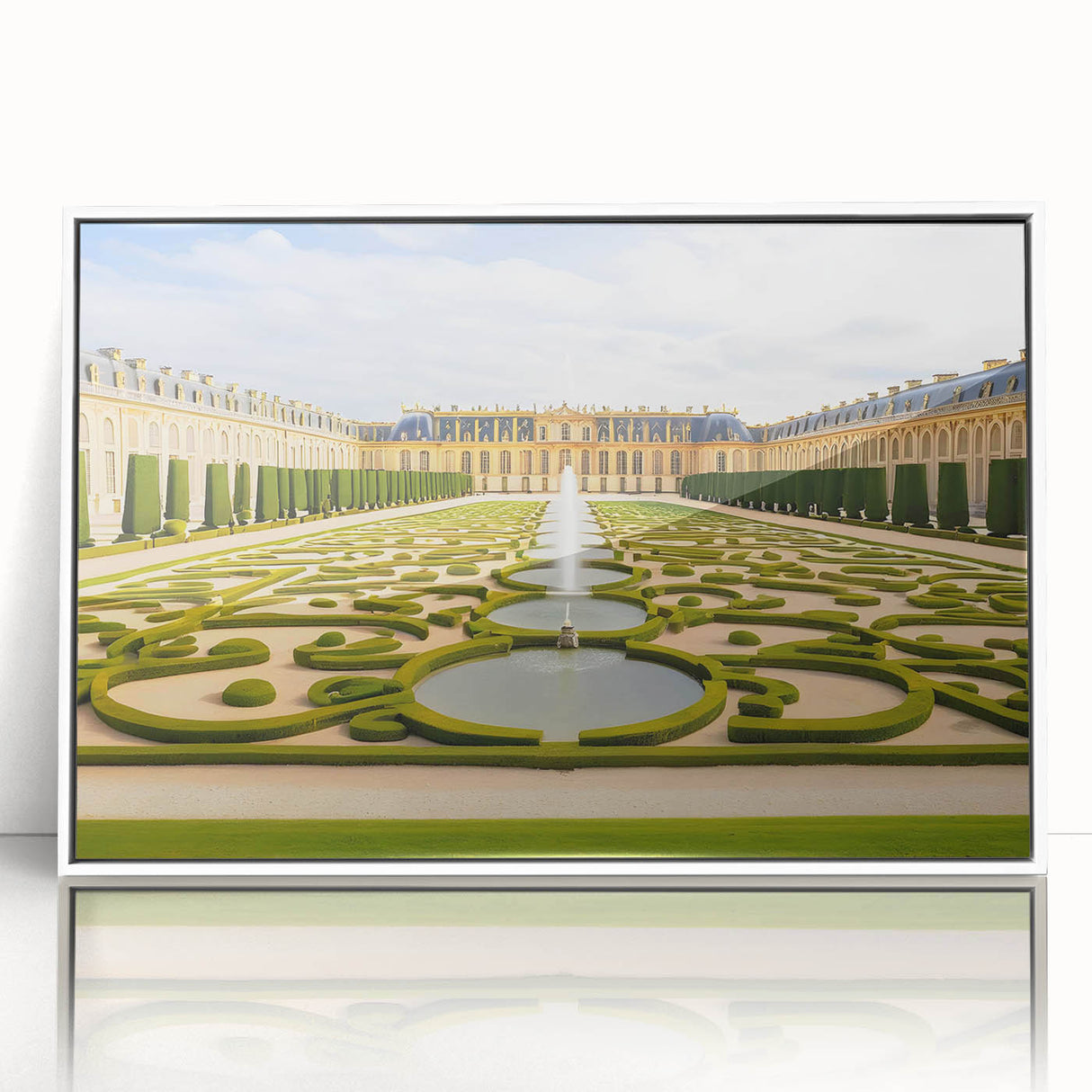 Mid-century modernist art of Versailles scenery, depicted in muted earth tones on a framed acrylic.
