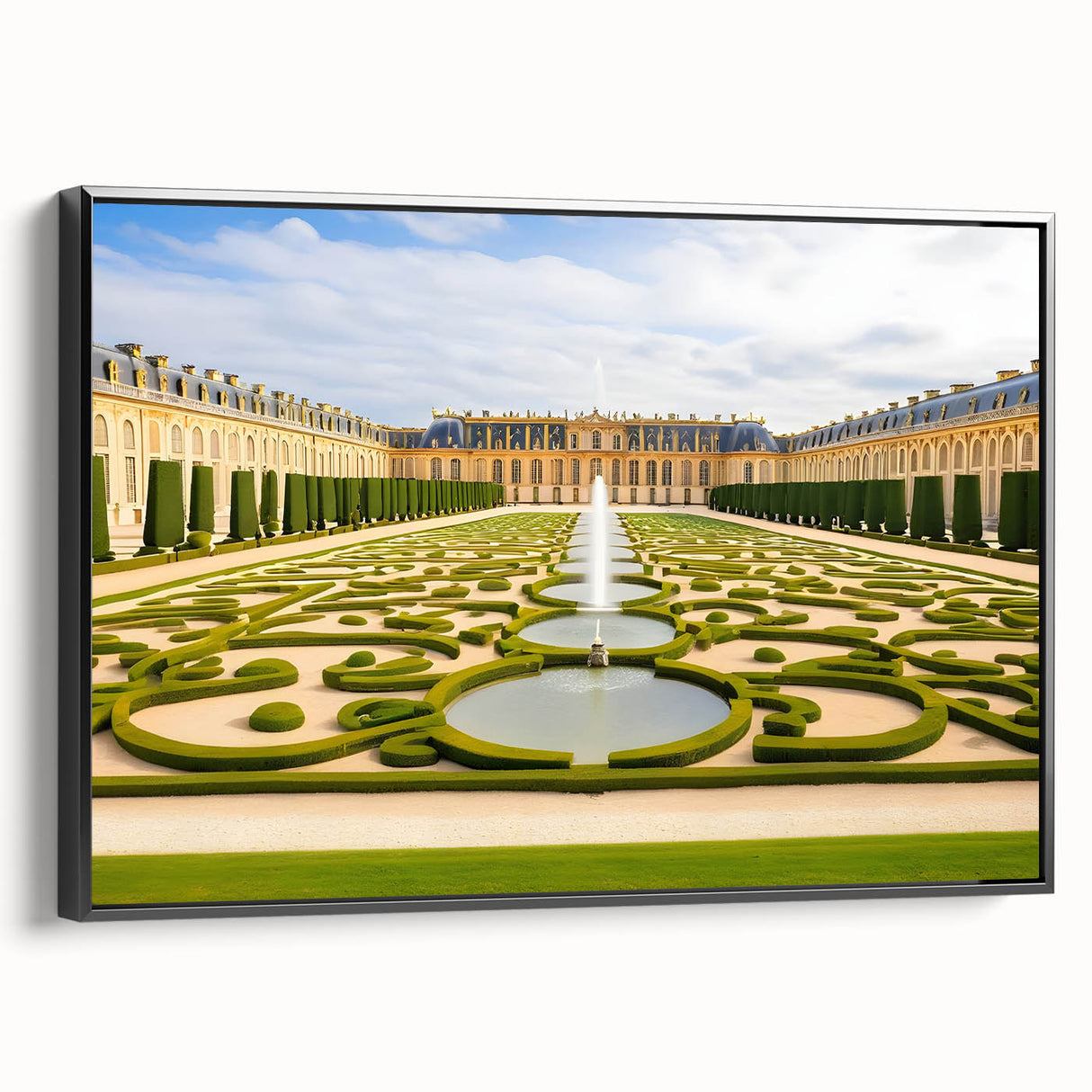 Black and white framed canvas of the Versailles landscape in vintage poster style, suitable for bedroom decor.