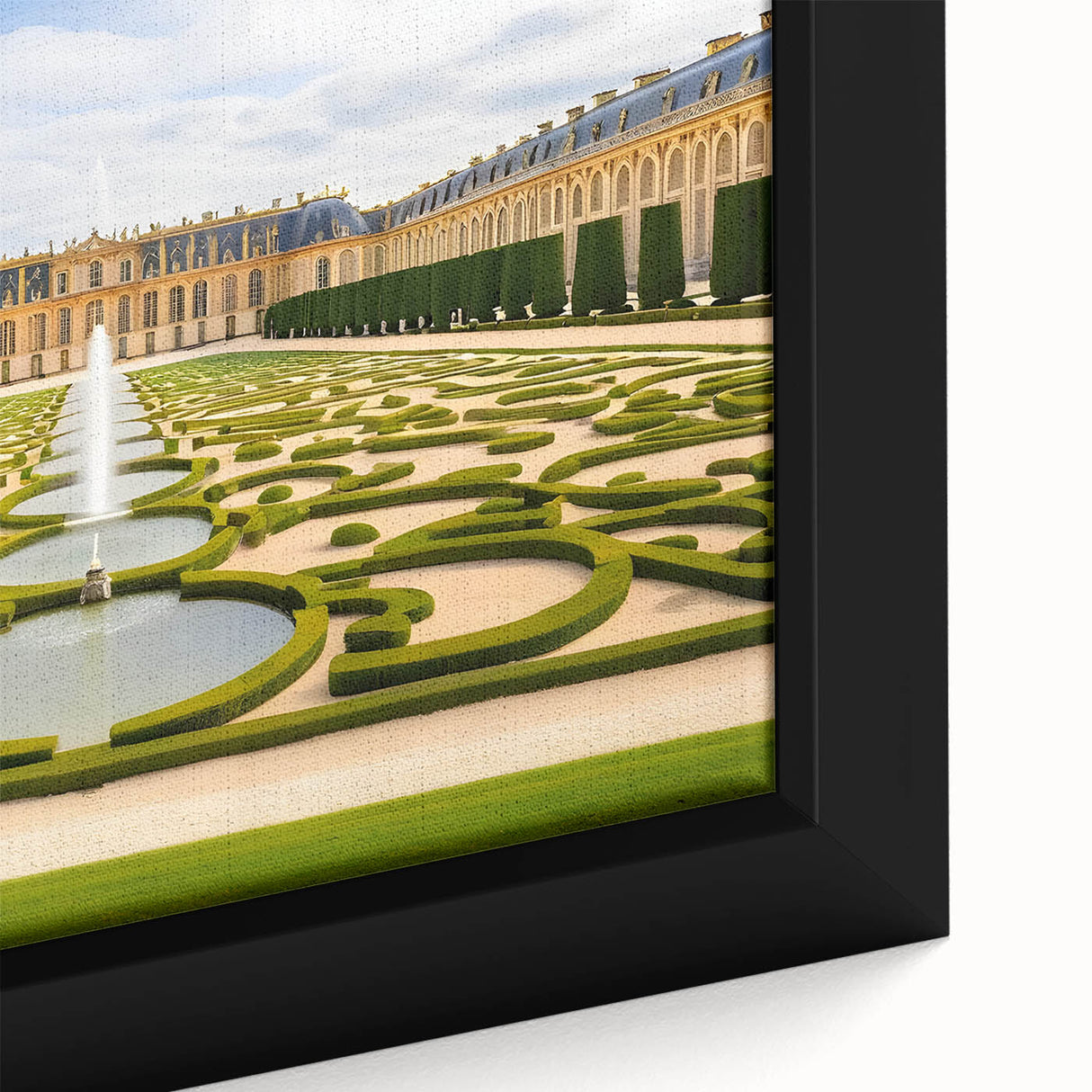 Extra large black wall art depicting the Versailles scenery in textured, colorful art on framed canvas.