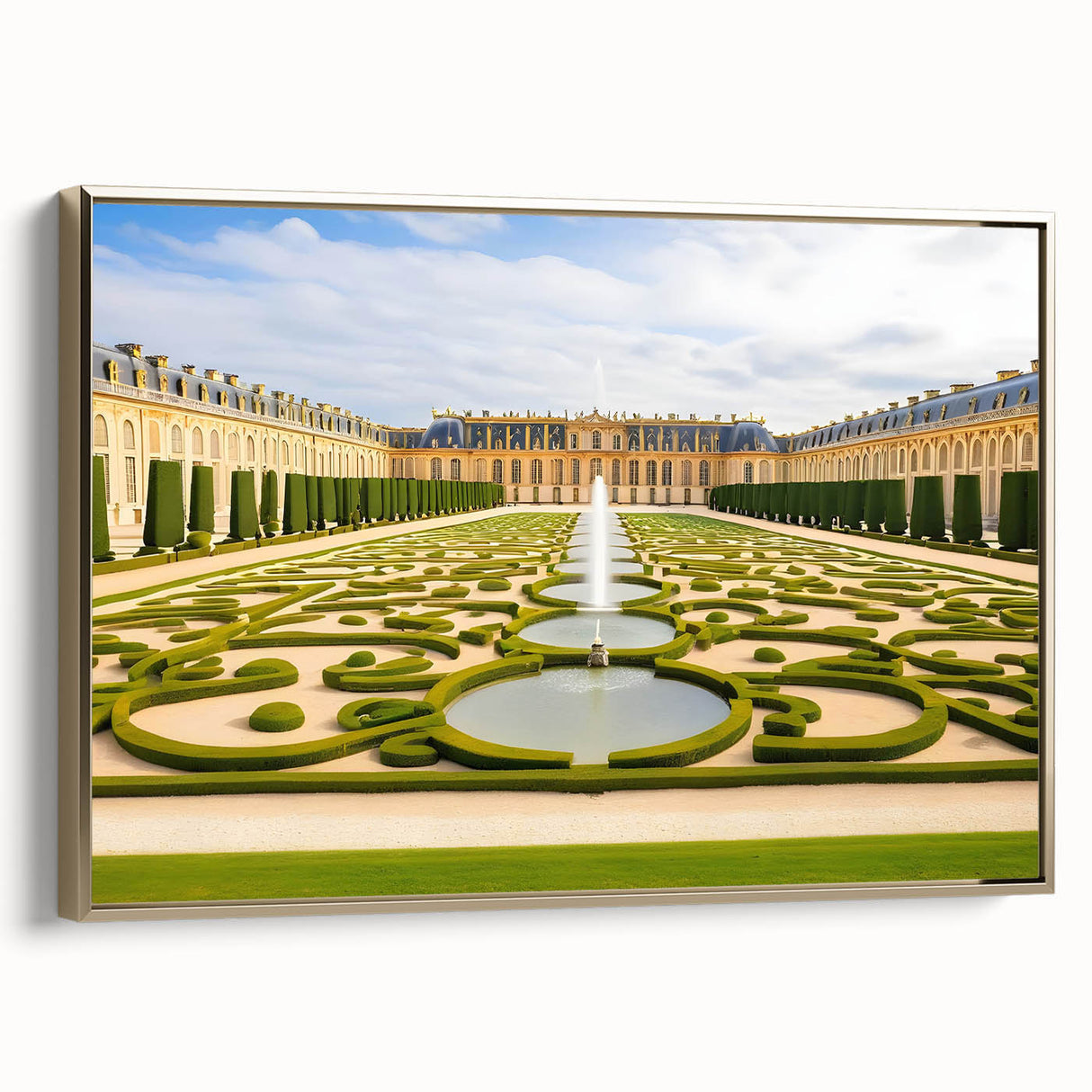 Framed canvas featuring a vintage-style landscape painting of the Versailles gardens in muted gold and black tones.