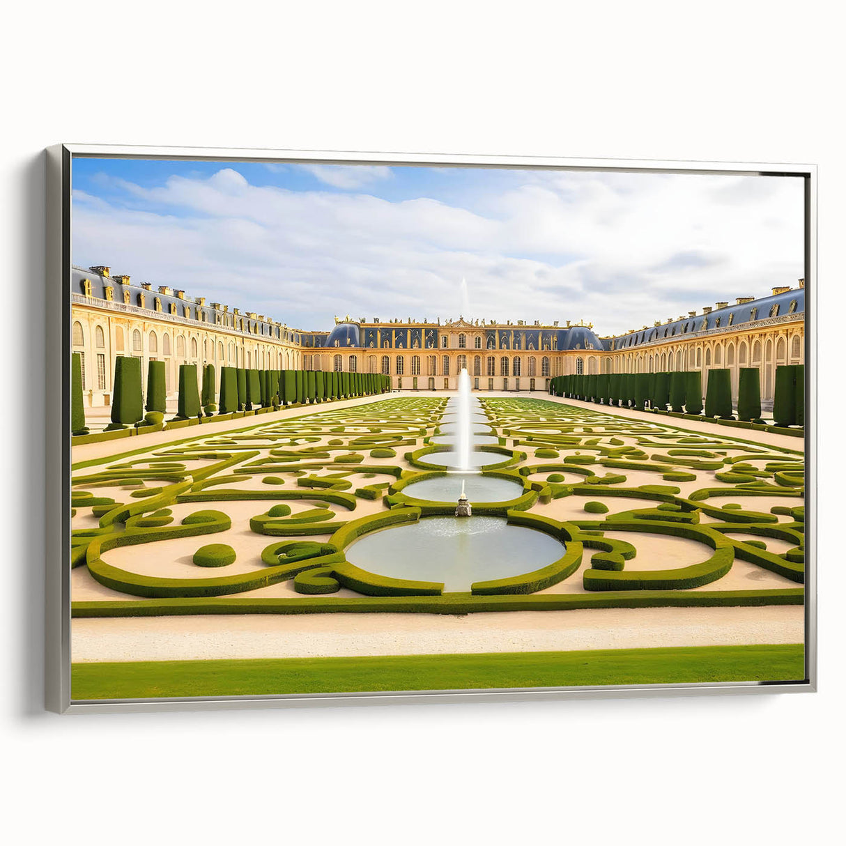 Framed canvas depicting a vintage landscape painting of Versailles in muted earth tones.