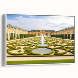Vintage poster art of Versailles in vibrant colors on an extra large framed canvas, ideal for living room decor.