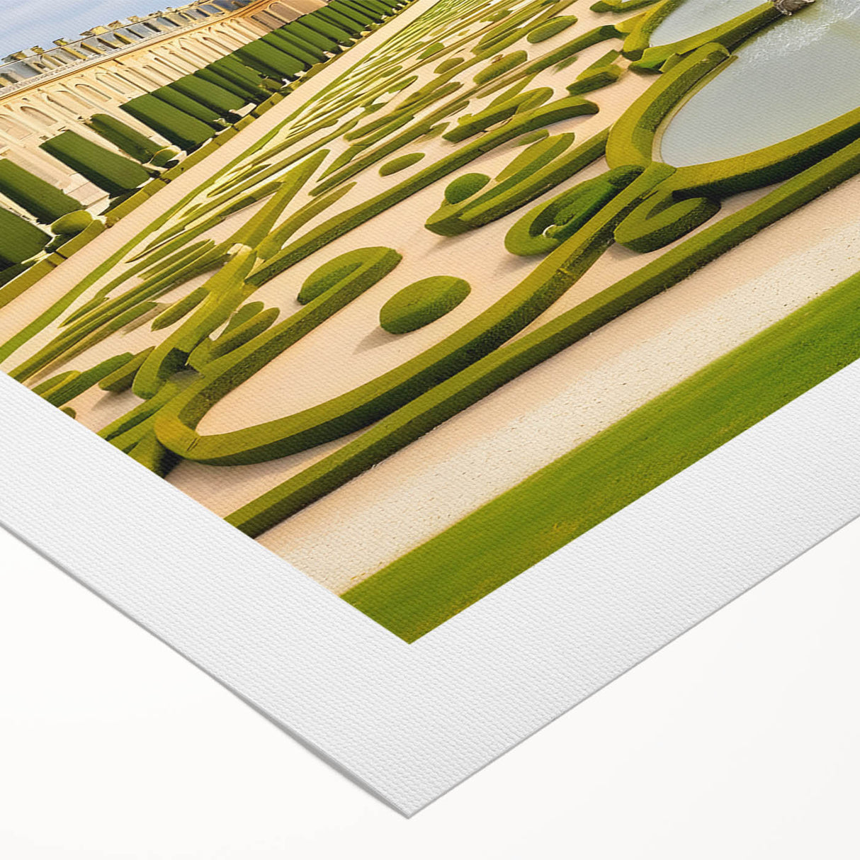 Art deco poster of the Versailles Palace in muted gold and blue tones on rolled canvas, suitable for dining room decor.