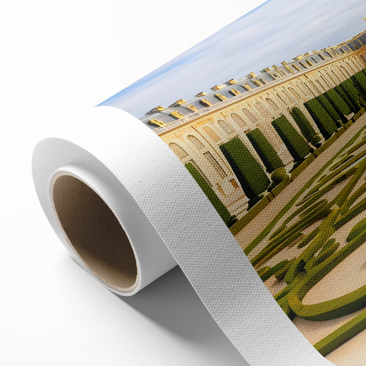 Art Deco poster of Versailles scenery on rolled canvas in pastel shades, ideal for nursery wall art or dining room ambiance.