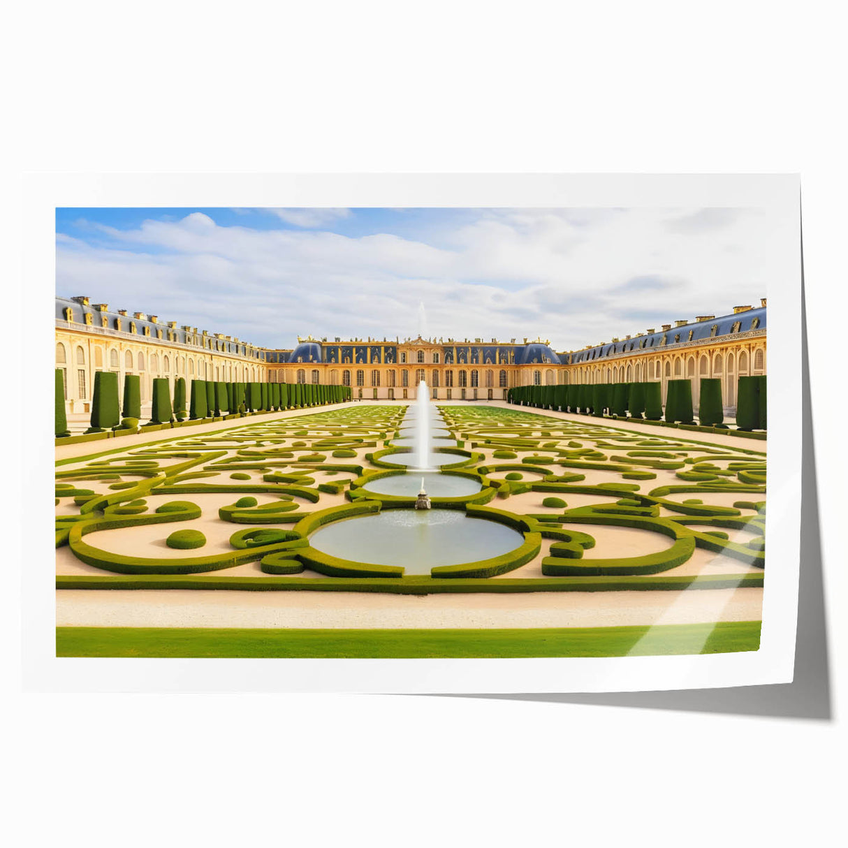 Extra large rolled print of Versailles gardens in muted green and blue tones, suitable for art wall dining room.